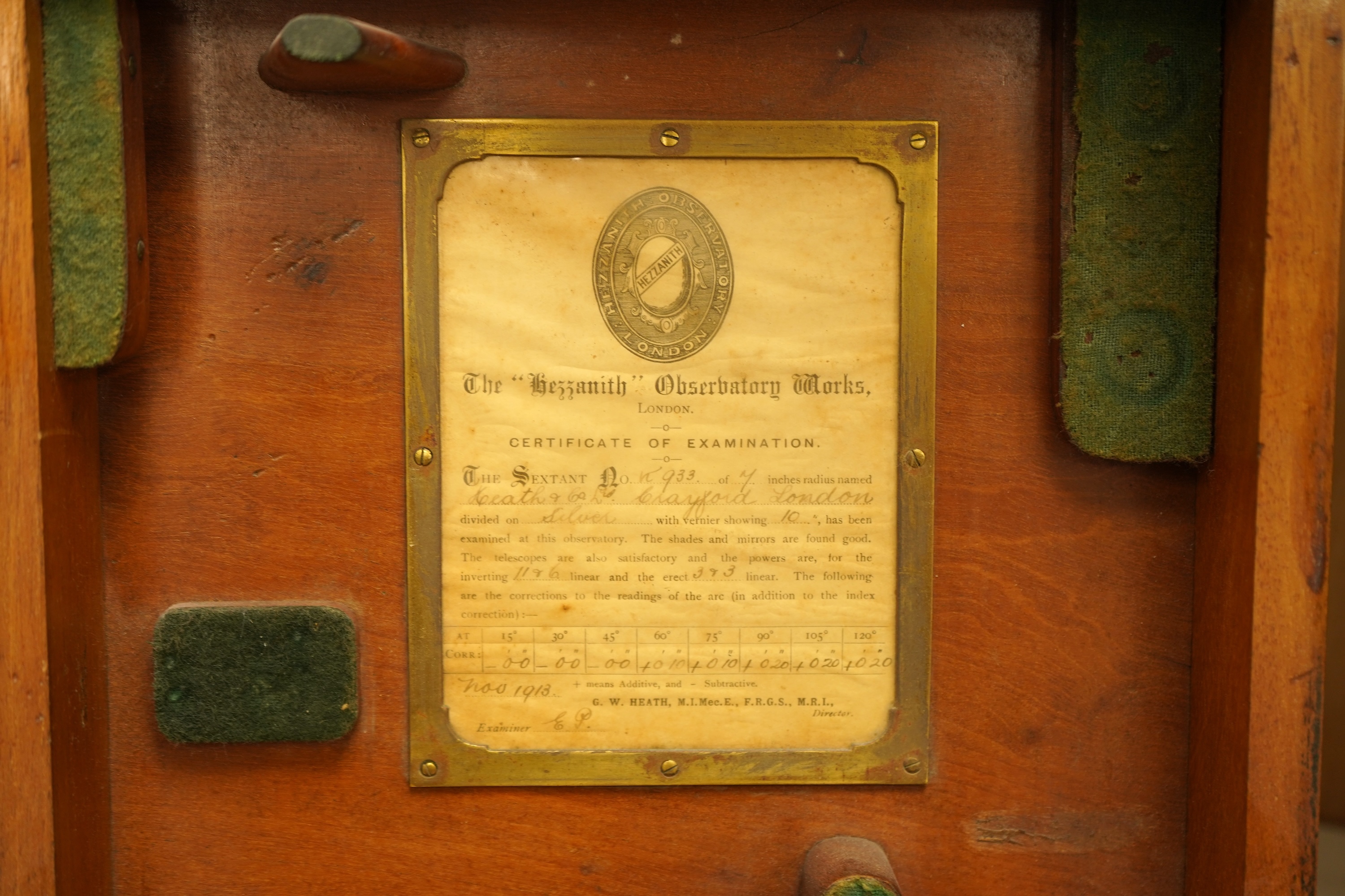 A G.W. Heath 'Hezzanith' sextant, cased, with certificate of observation to the interior, 27cm wide